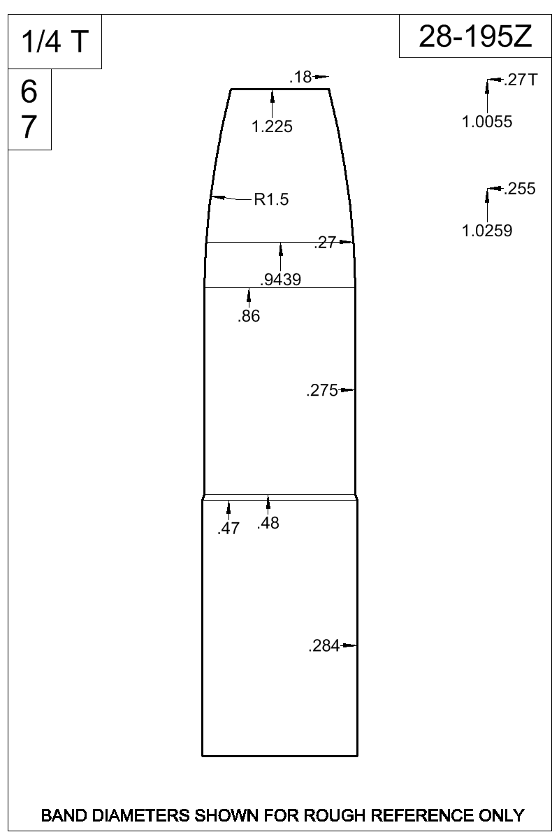 Accurate Molds catalog #28-195Z Dimensioned view of bullet 28-195Z