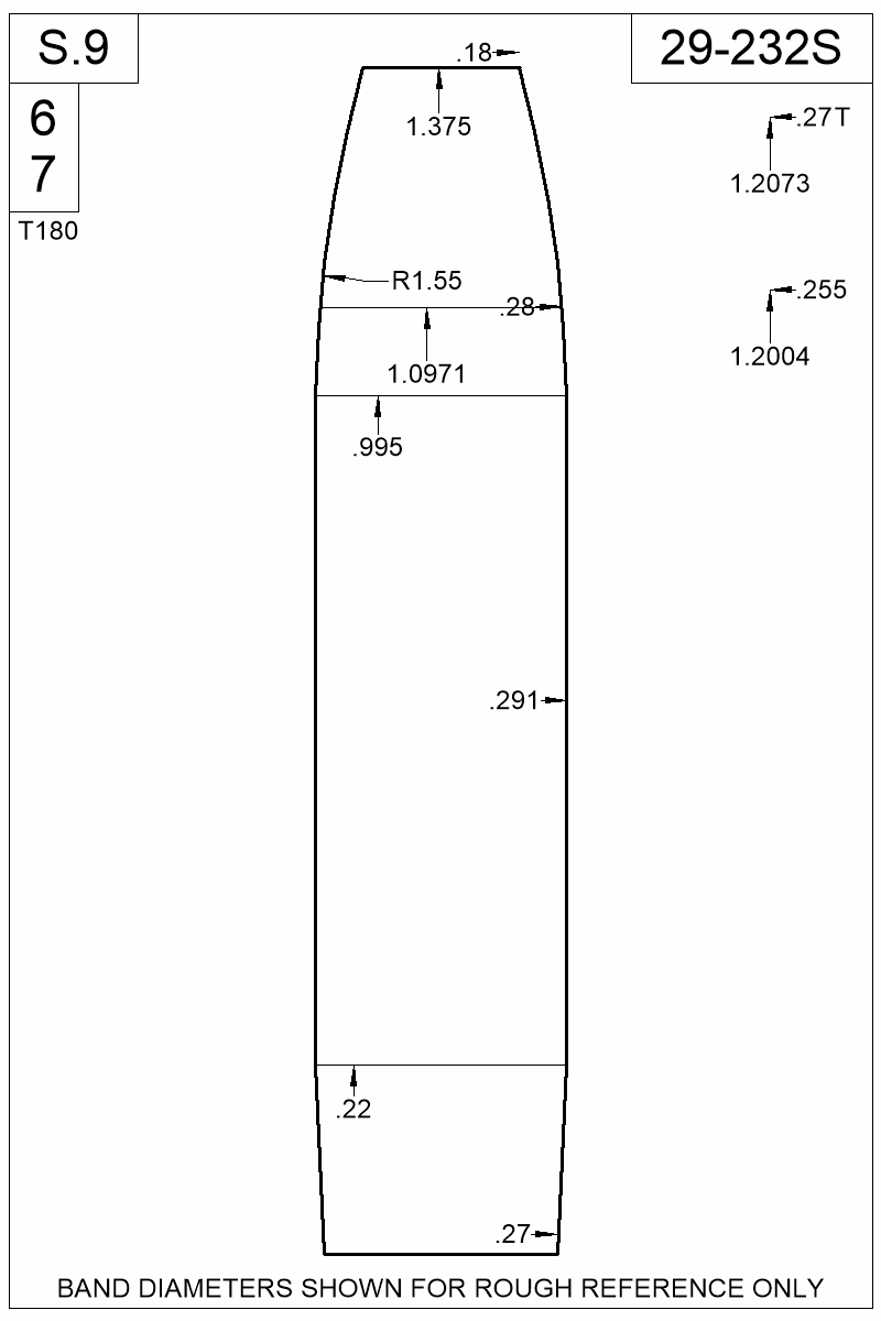 Dimensioned view of bullet 29-232S