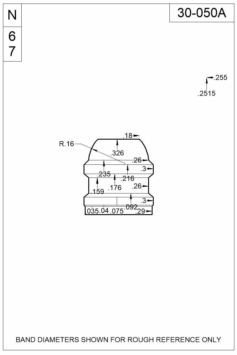 Accurate Molds catalog #30-050A Dimensioned view of bullet 30-050A