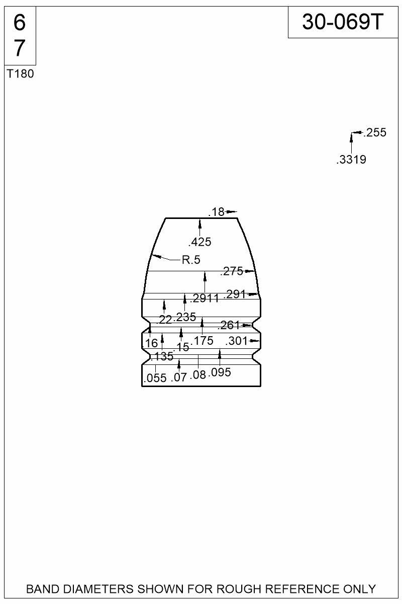 Accurate Molds catalog #30-069T Dimensioned view of bullet 30-069T