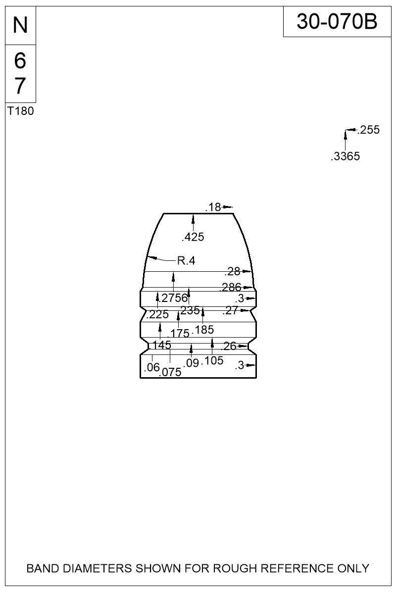 Accurate Molds catalog #30-070B Dimensioned view of bullet 30-070B