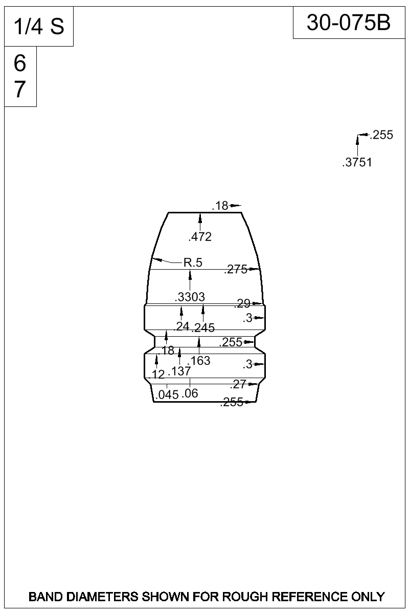 Accurate Molds catalog #30-075B Dimensioned view of bullet 30-075B