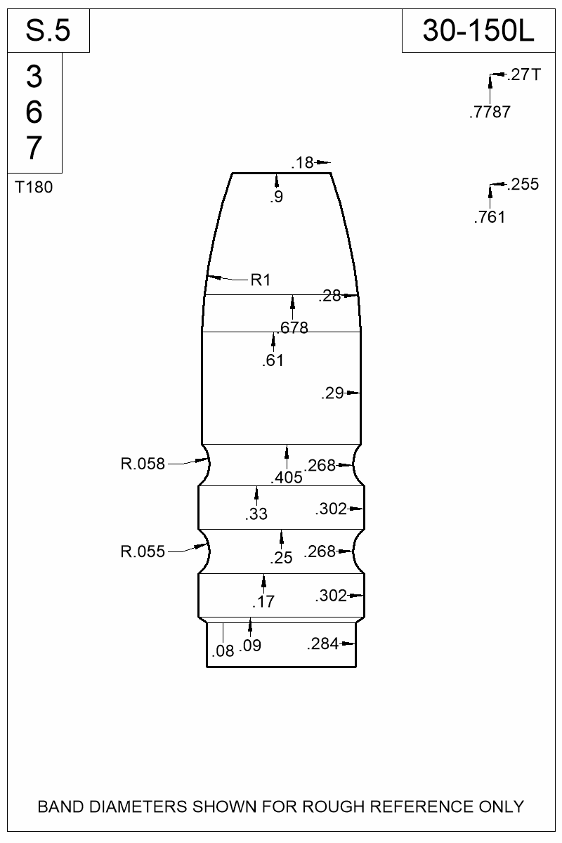 Dimensioned view of bullet 30-150L
