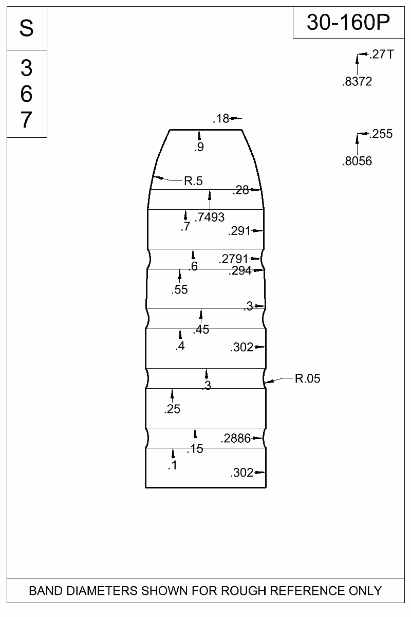 Dimensioned view of bullet 30-160P