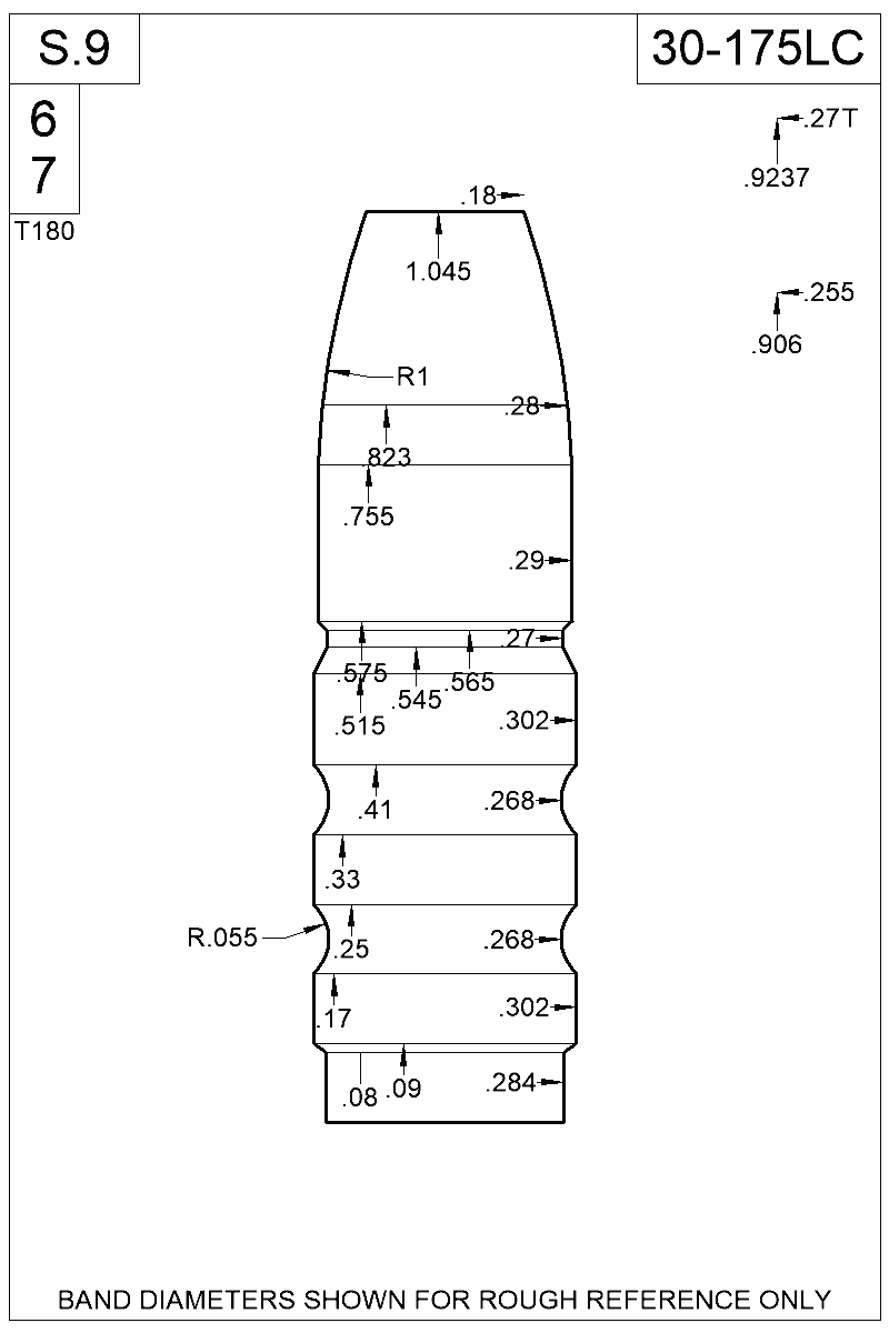 Dimensioned view of bullet 30-175LC