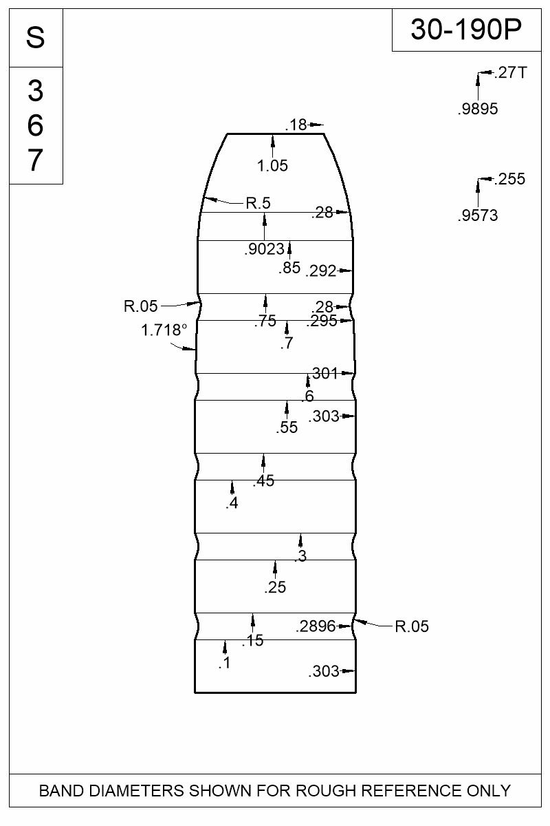 Accurate Molds catalog #30-190P Dimensioned view of bullet 30-190P