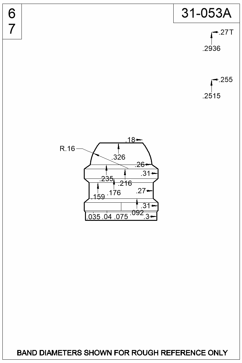 Accurate Molds catalog #31-053A Dimensioned view of bullet 31-053A