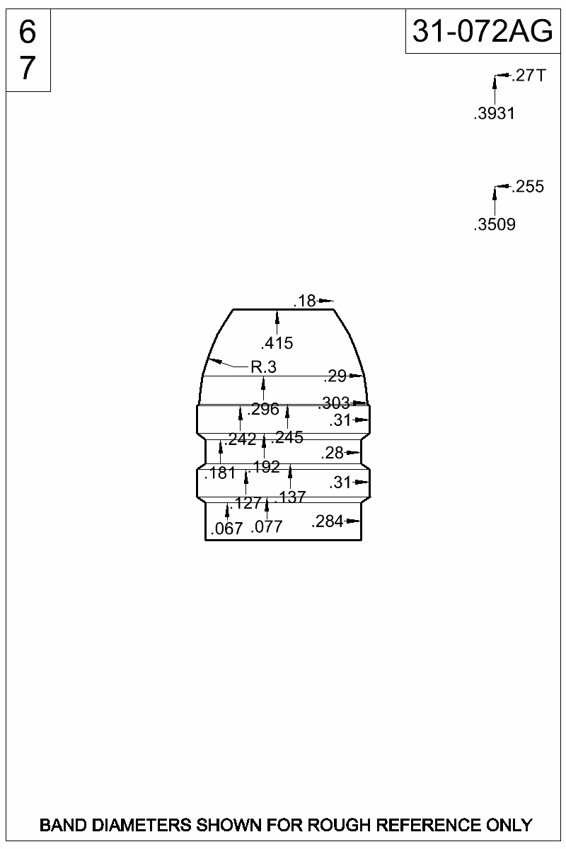Accurate Molds catalog #31-072AG Dimensioned view of bullet 31-072AG
