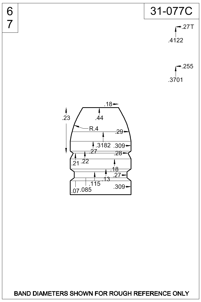 Accurate Molds catalog #31-077C Dimensioned view of bullet 31-077C