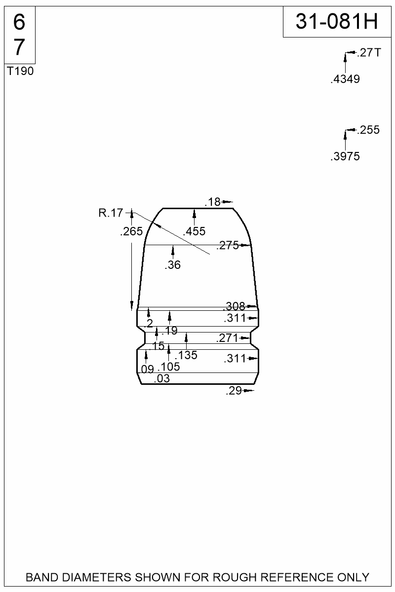 Accurate Molds catalog #31-081H Dimensioned view of bullet 31-081H