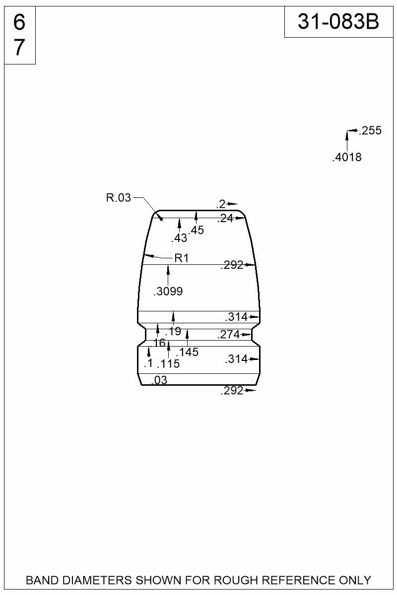 Accurate Molds catalog #31-083B Dimensioned view of bullet 31-083B