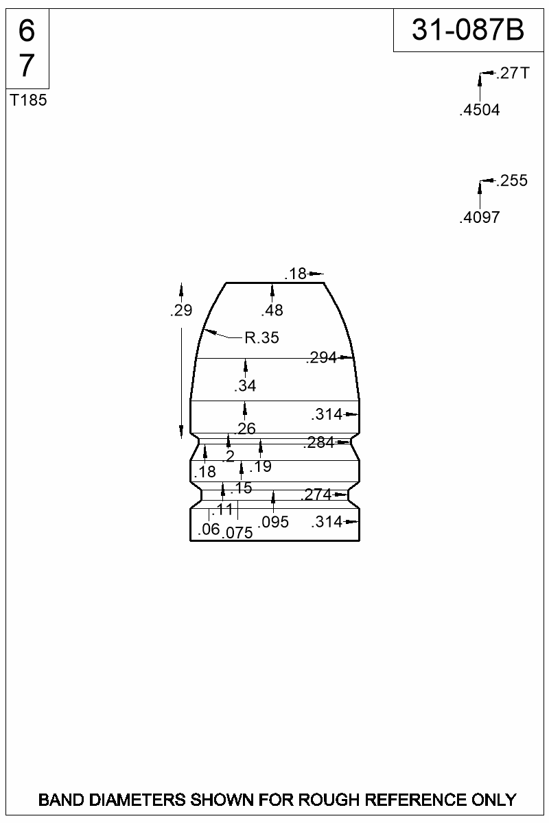 Accurate Molds catalog #31-087B Dimensioned view of bullet 31-087B