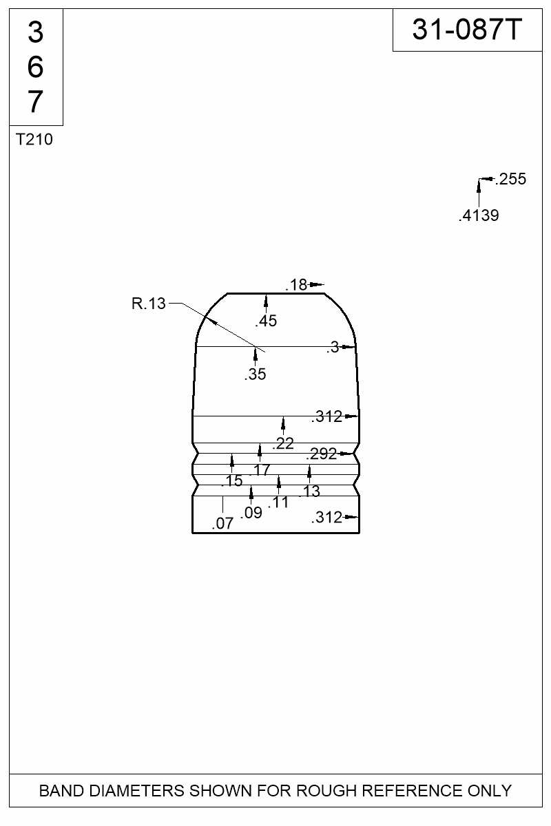 Accurate Molds catalog #31-087T Dimensioned view of bullet 31-087T