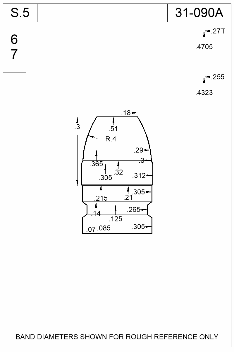 Accurate Molds catalog #31-090A Dimensioned view of bullet 31-090A