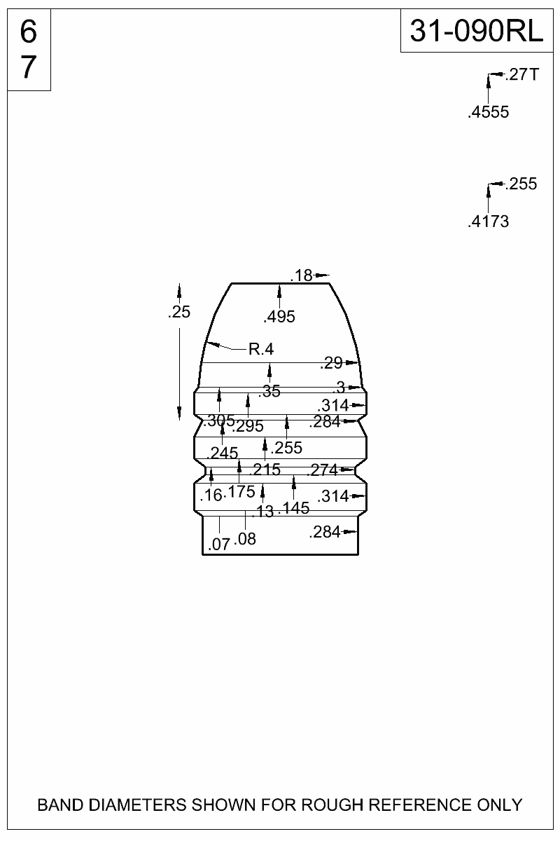 Accurate Molds catalog #31-090RL Dimensioned view of bullet 31-090RL