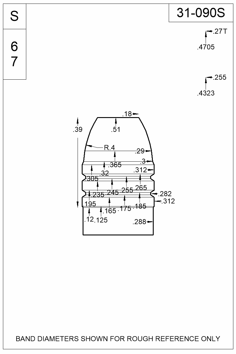 Accurate Molds catalog #31-090S Dimensioned view of bullet 31-090S