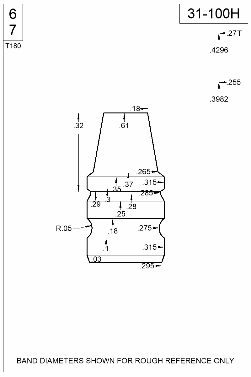 Accurate Molds catalog #31-100H Dimensioned view of bullet 31-100H