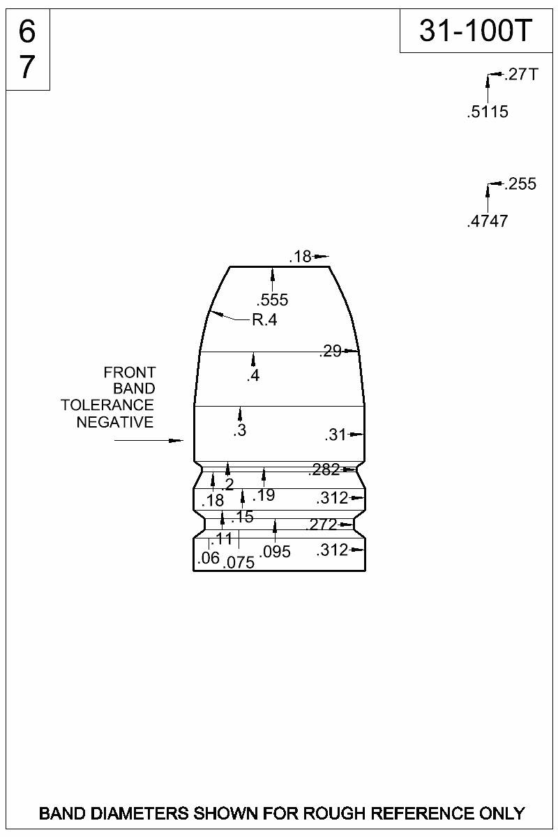 Accurate Molds catalog #31-100T Dimensioned view of bullet 31-100T
