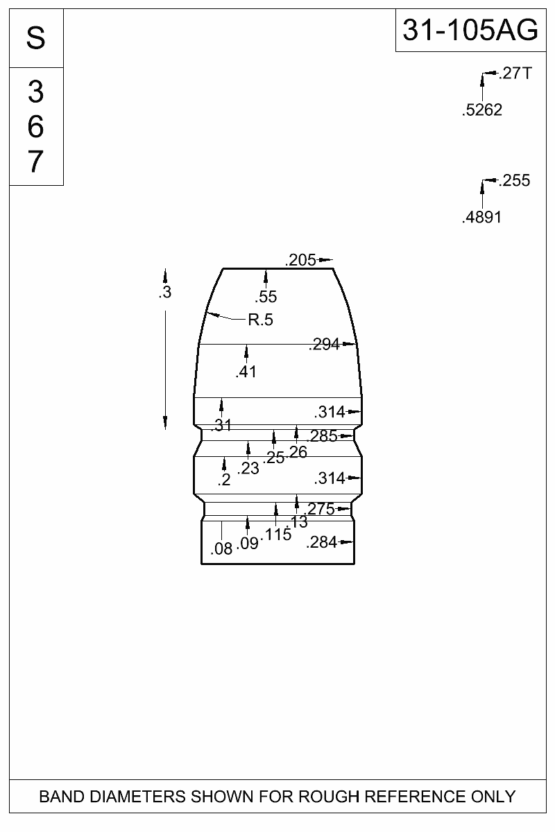 Dimensioned view of bullet 31-105AG