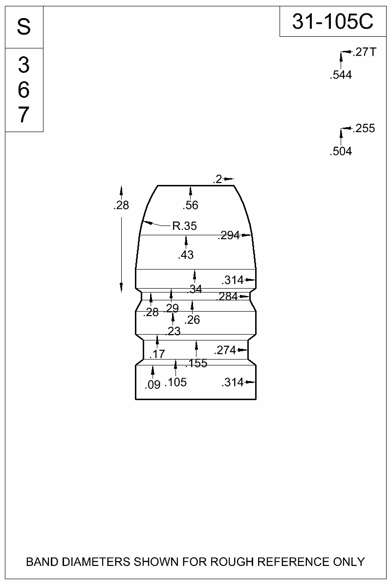 Accurate Molds catalog #31-105C Dimensioned view of bullet 31-105C