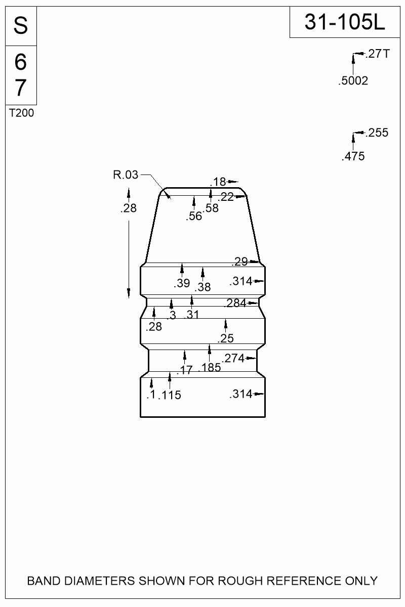 Accurate Molds catalog #31-105L Dimensioned view of bullet 31-105L