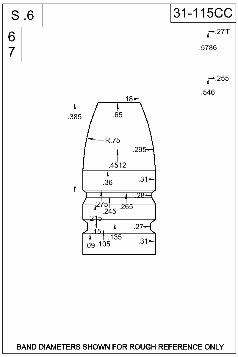 Dimensioned view of bullet 31-115CC