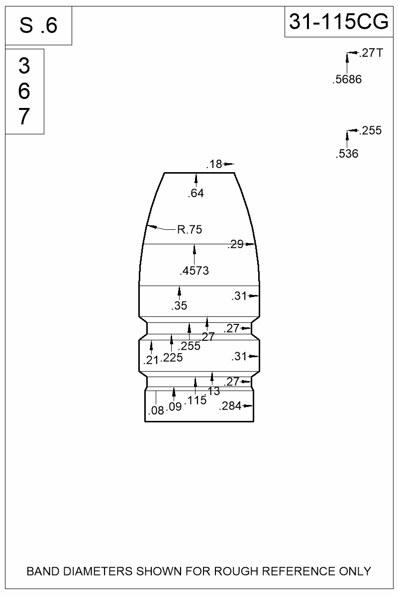 Dimensioned view of bullet 31-115CG