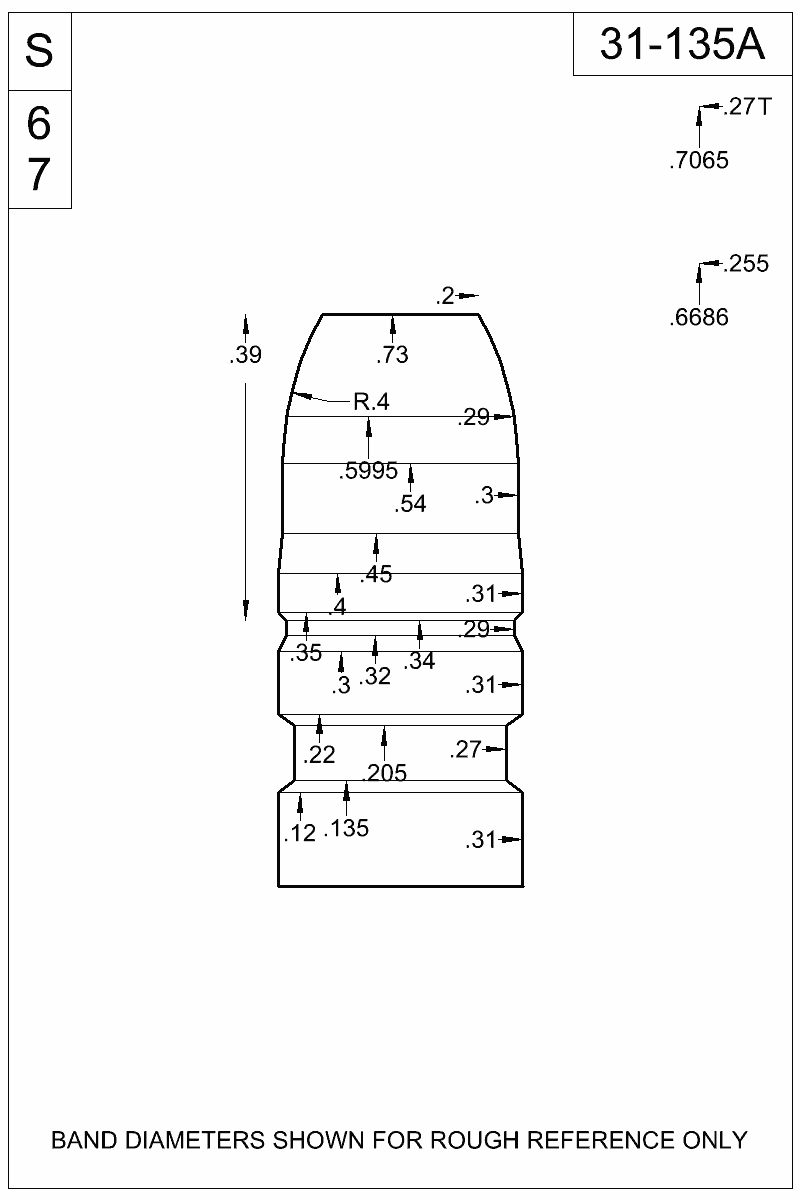 Dimensioned view of bullet 31-135A