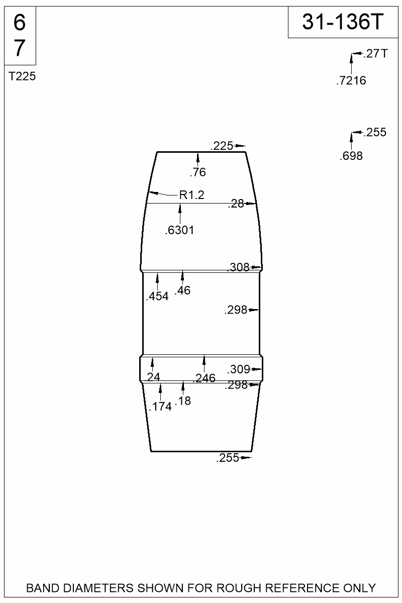 Dimensioned view of bullet 31-136T