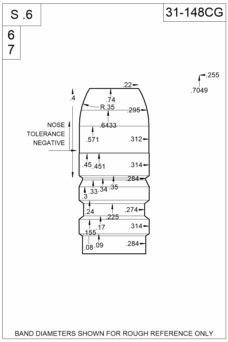 Dimensioned view of bullet 31-148CG
