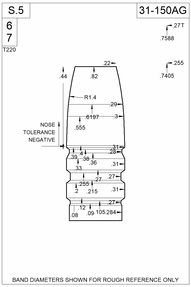 Dimensioned view of bullet 31-150AG