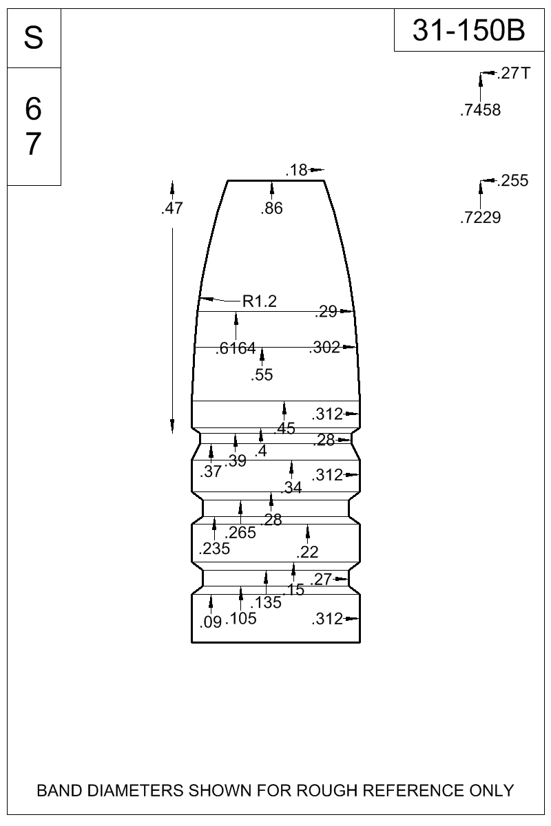 Dimensioned view of bullet 31-150B
