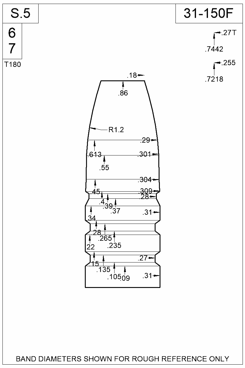 Dimensioned view of bullet 31-150F