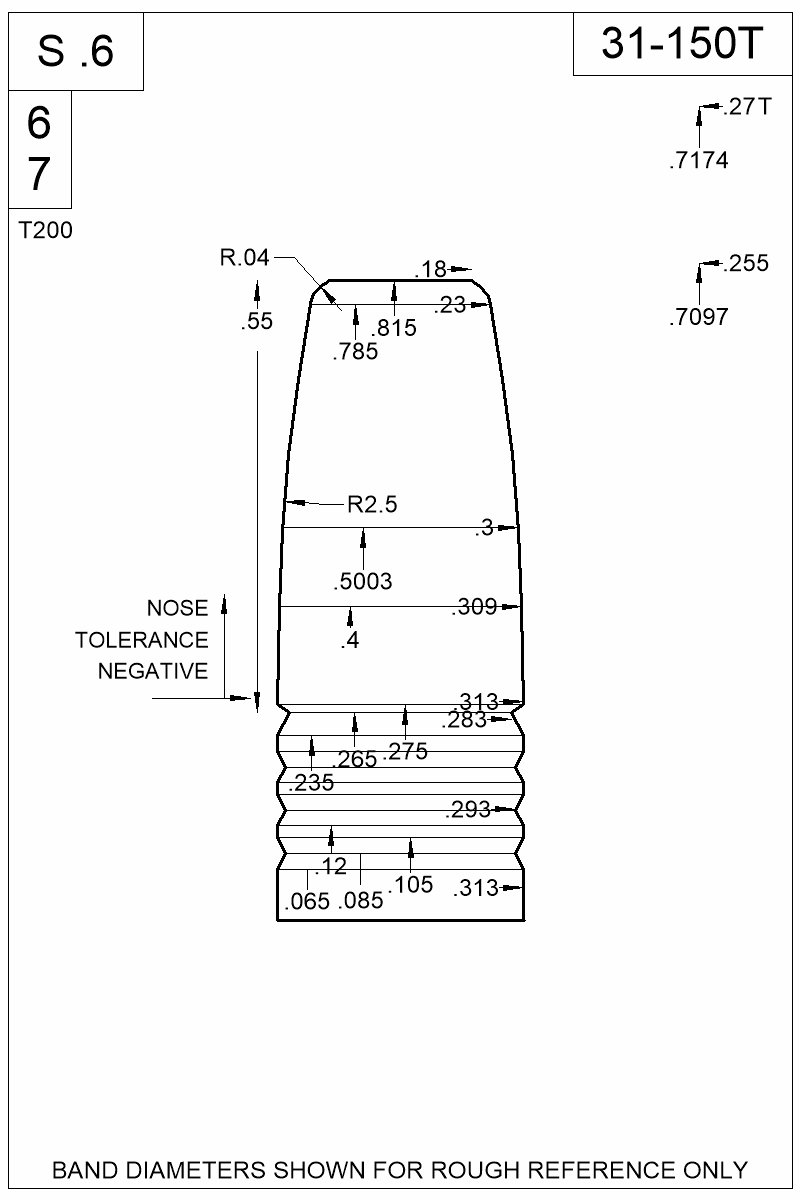 Dimensioned view of bullet 31-150T