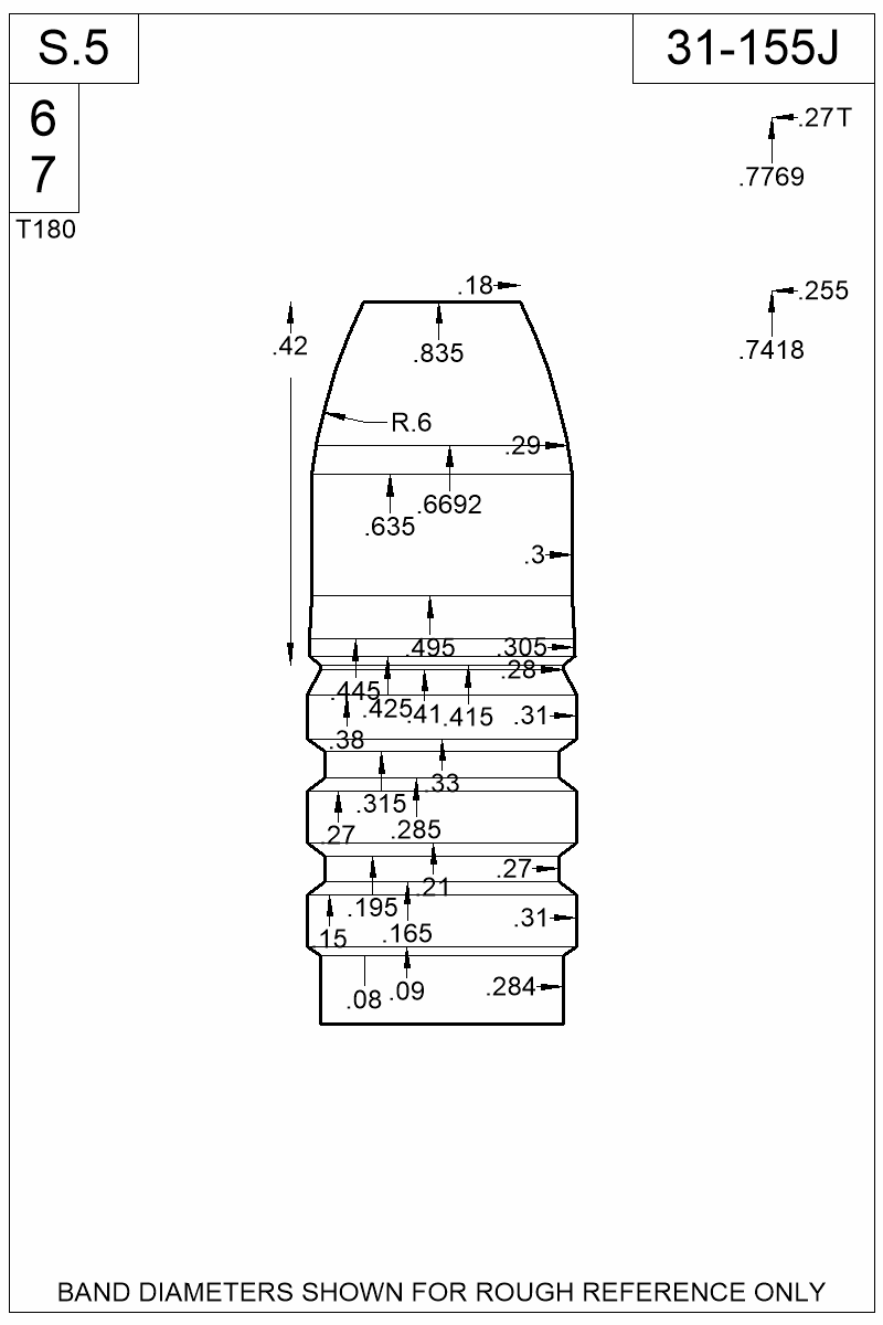 Dimensioned view of bullet 31-155J