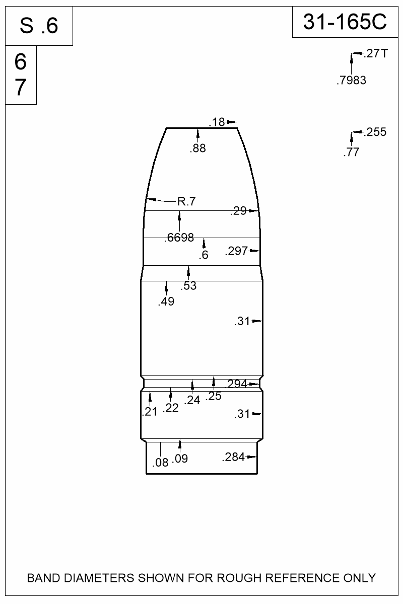 Dimensioned view of bullet 31-165C