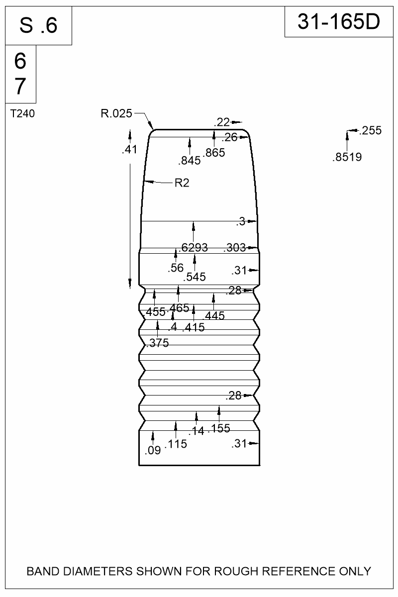 Dimensioned view of bullet 31-165D