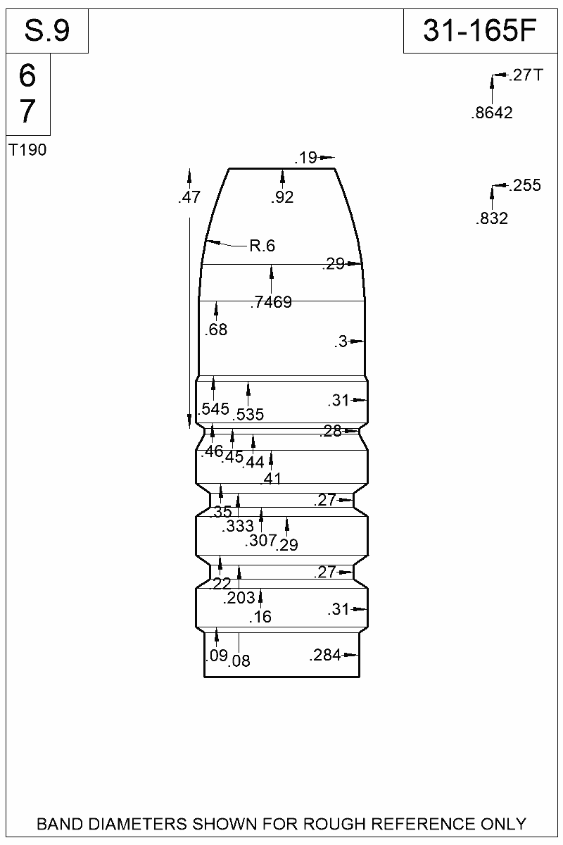 Dimensioned view of bullet 31-165F