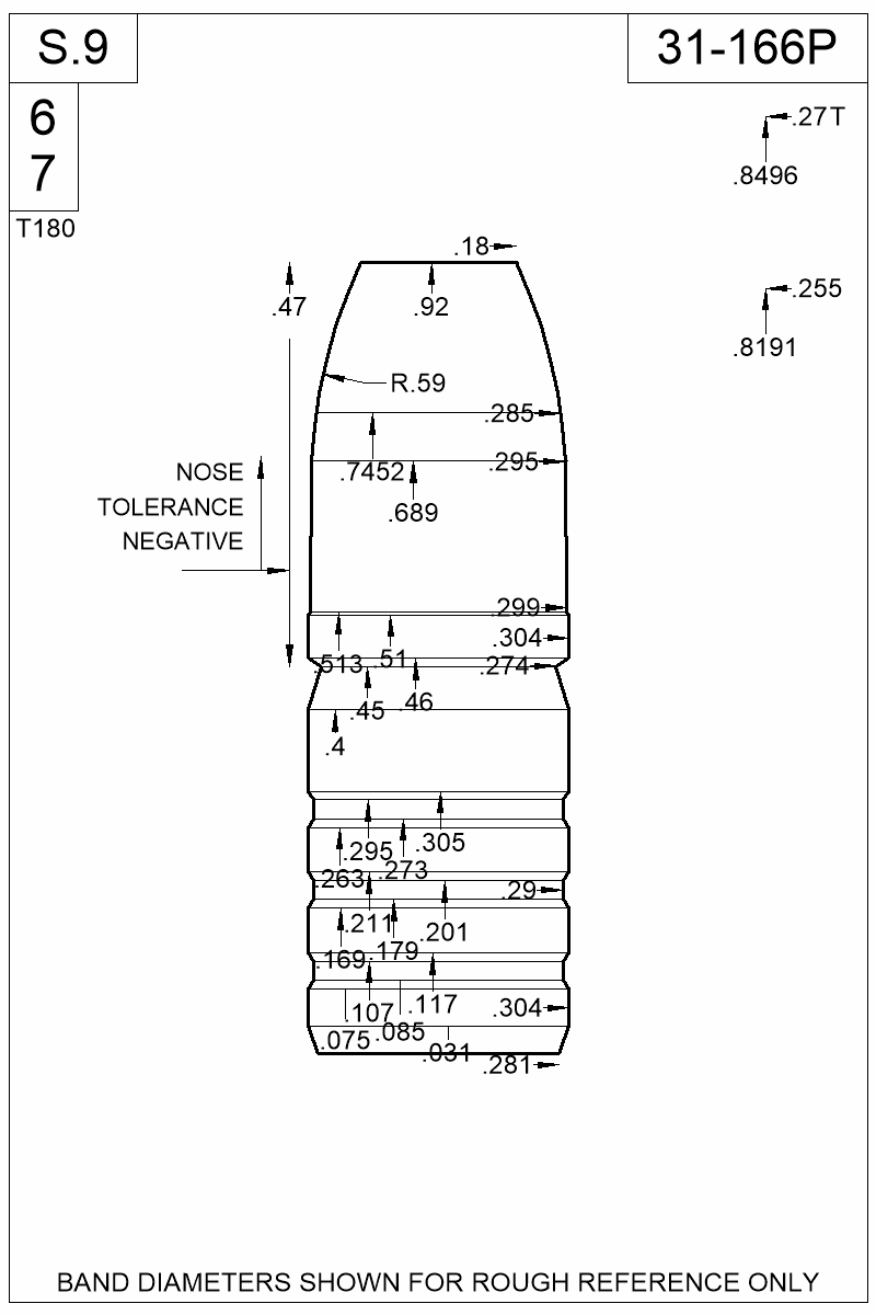 Dimensioned view of bullet 31-166P