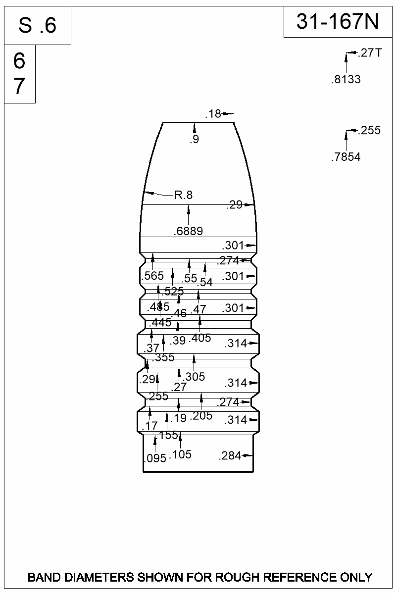 Dimensioned view of bullet 31-167N
