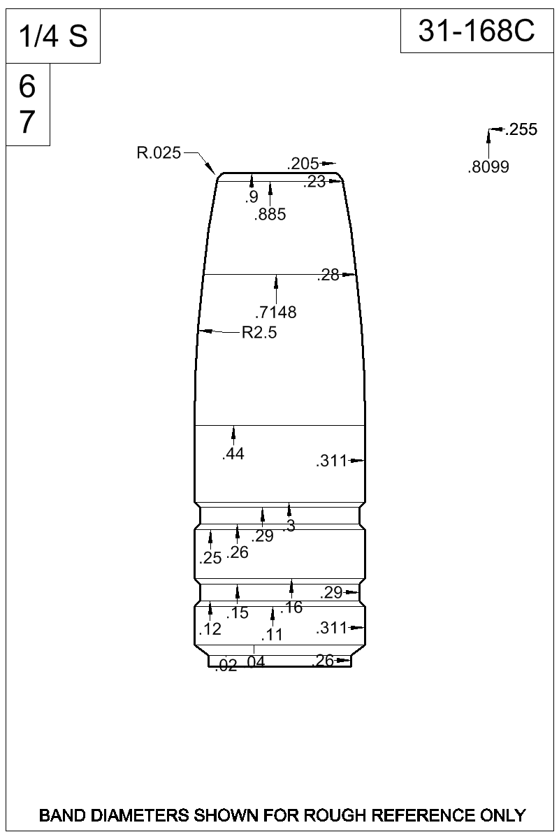 Dimensioned view of bullet 31-168C