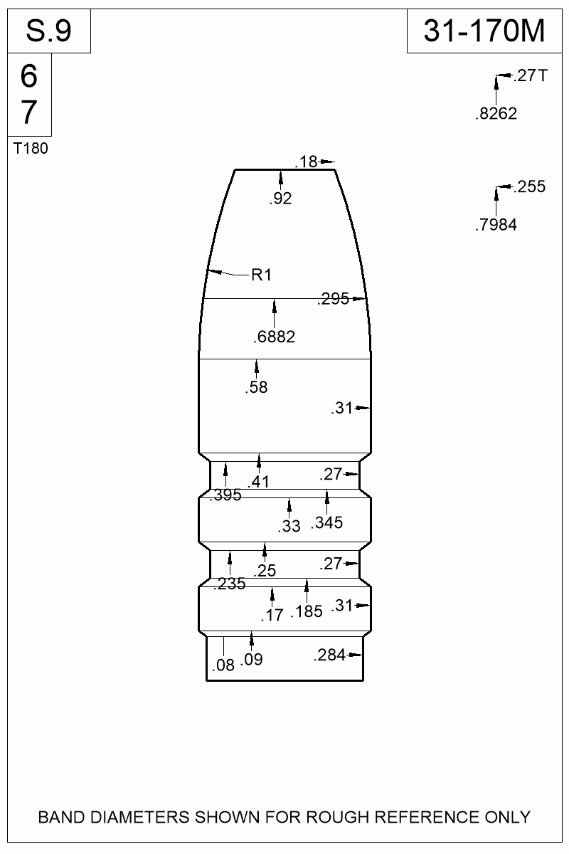 Dimensioned view of bullet 31-170M