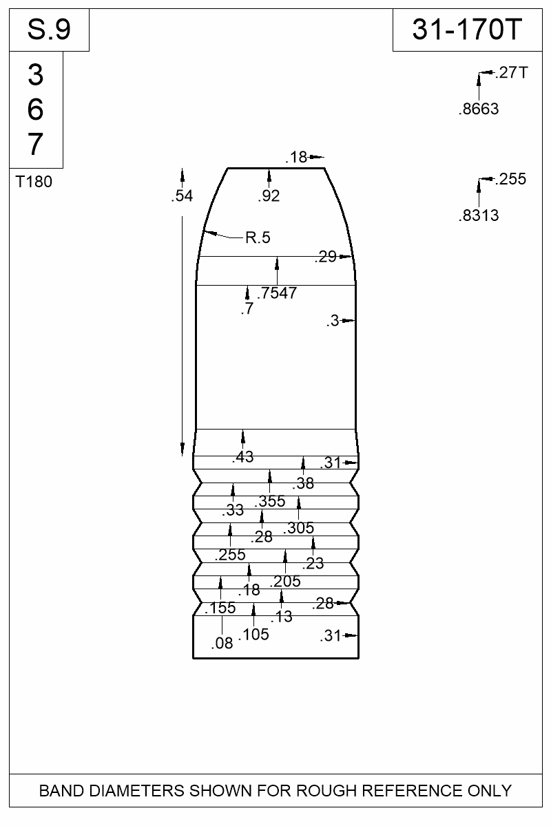 Dimensioned view of bullet 31-170T
