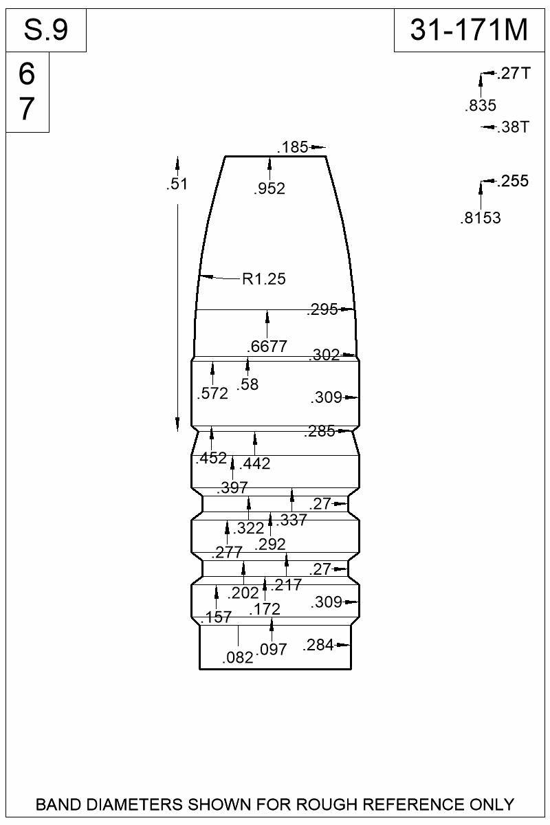 Dimensioned view of bullet 31-171M