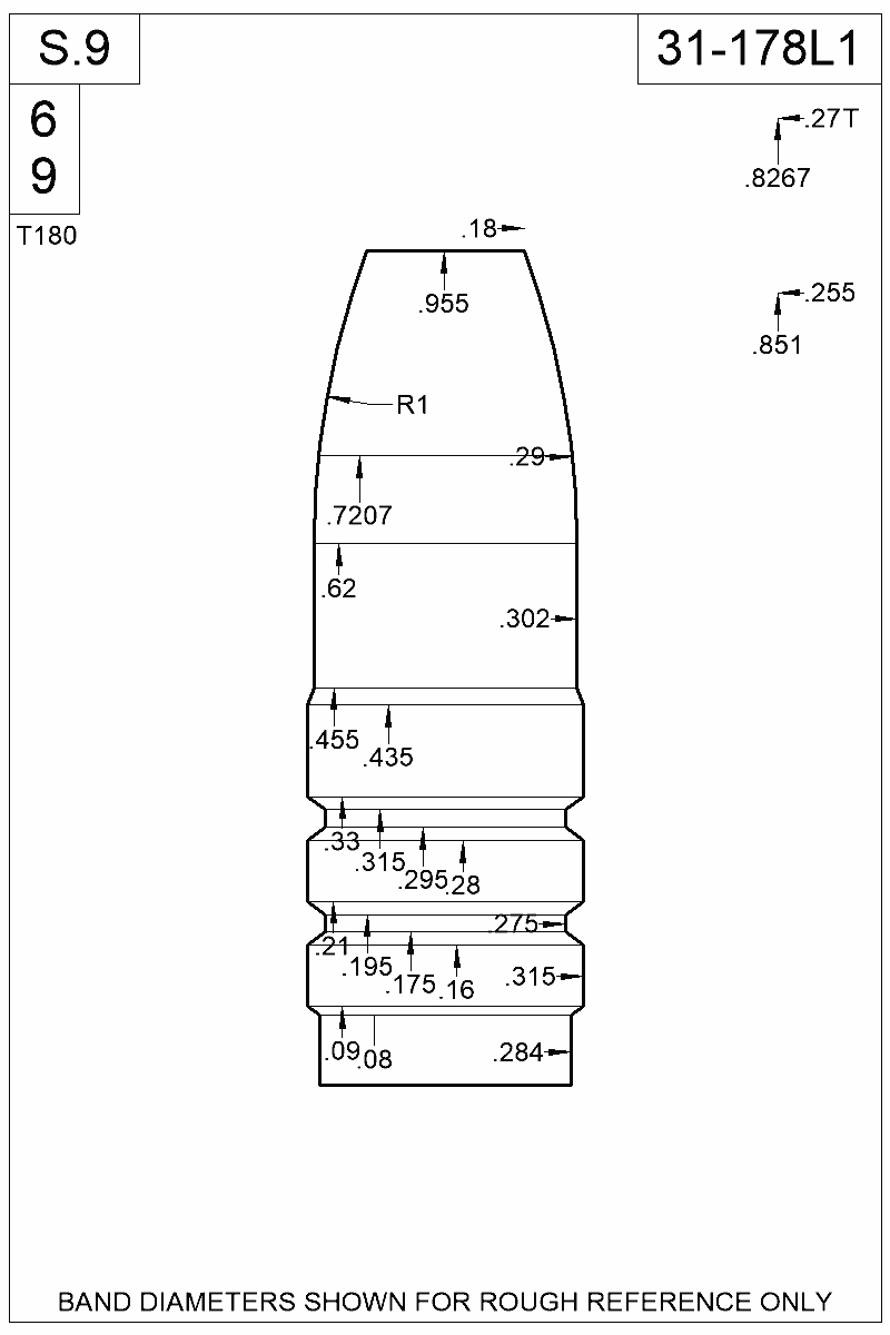 Dimensioned view of bullet 31-178L1