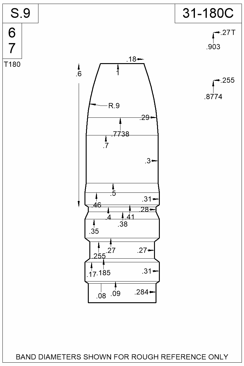 Dimensioned view of bullet 31-180C