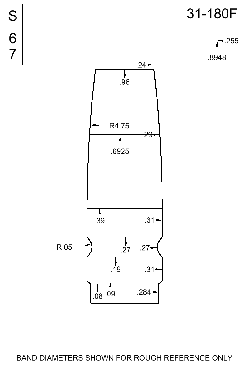 Dimensioned view of bullet 31-180F