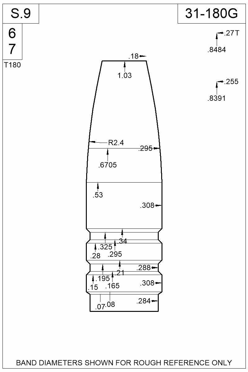 Dimensioned view of bullet 31-180G