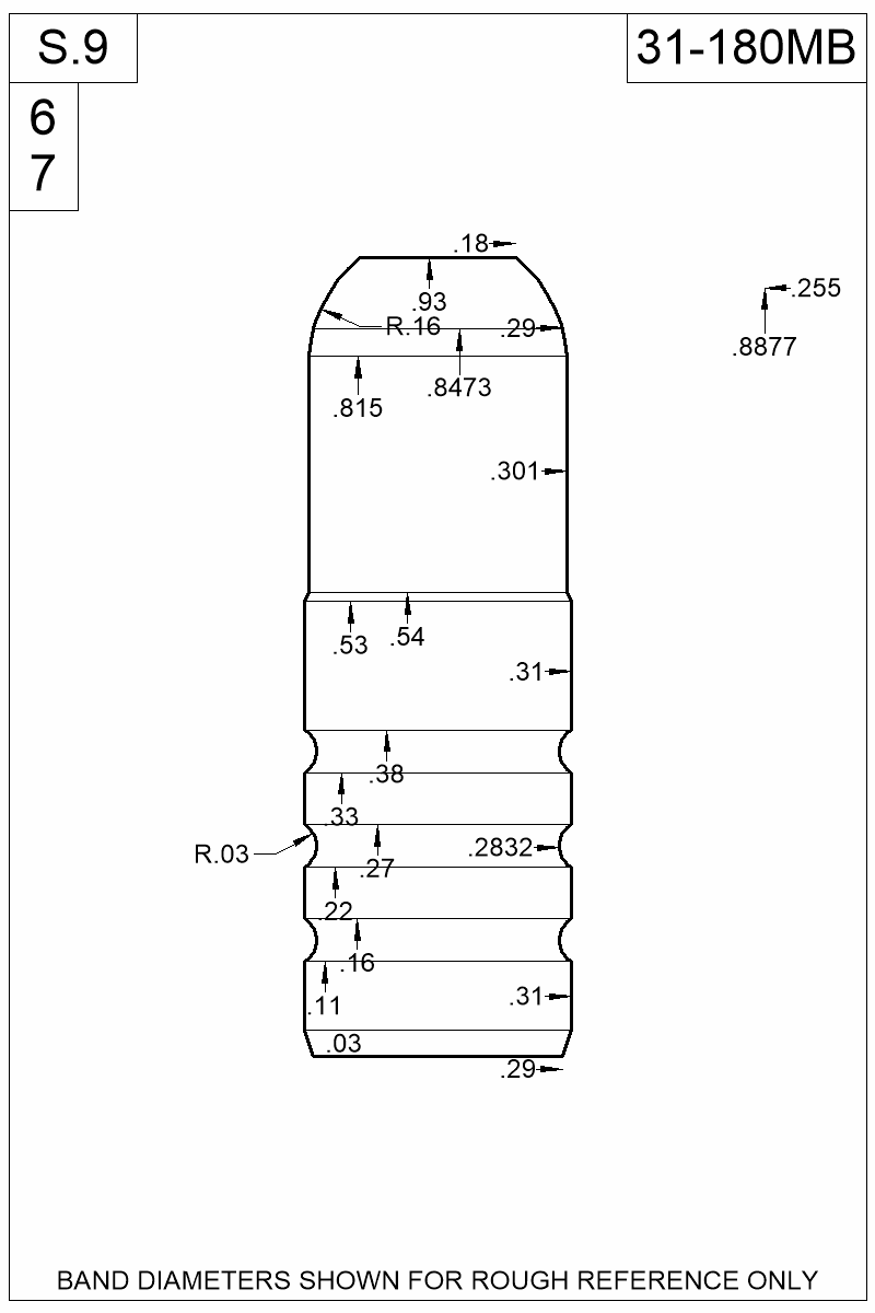 Dimensioned view of bullet 31-180MB