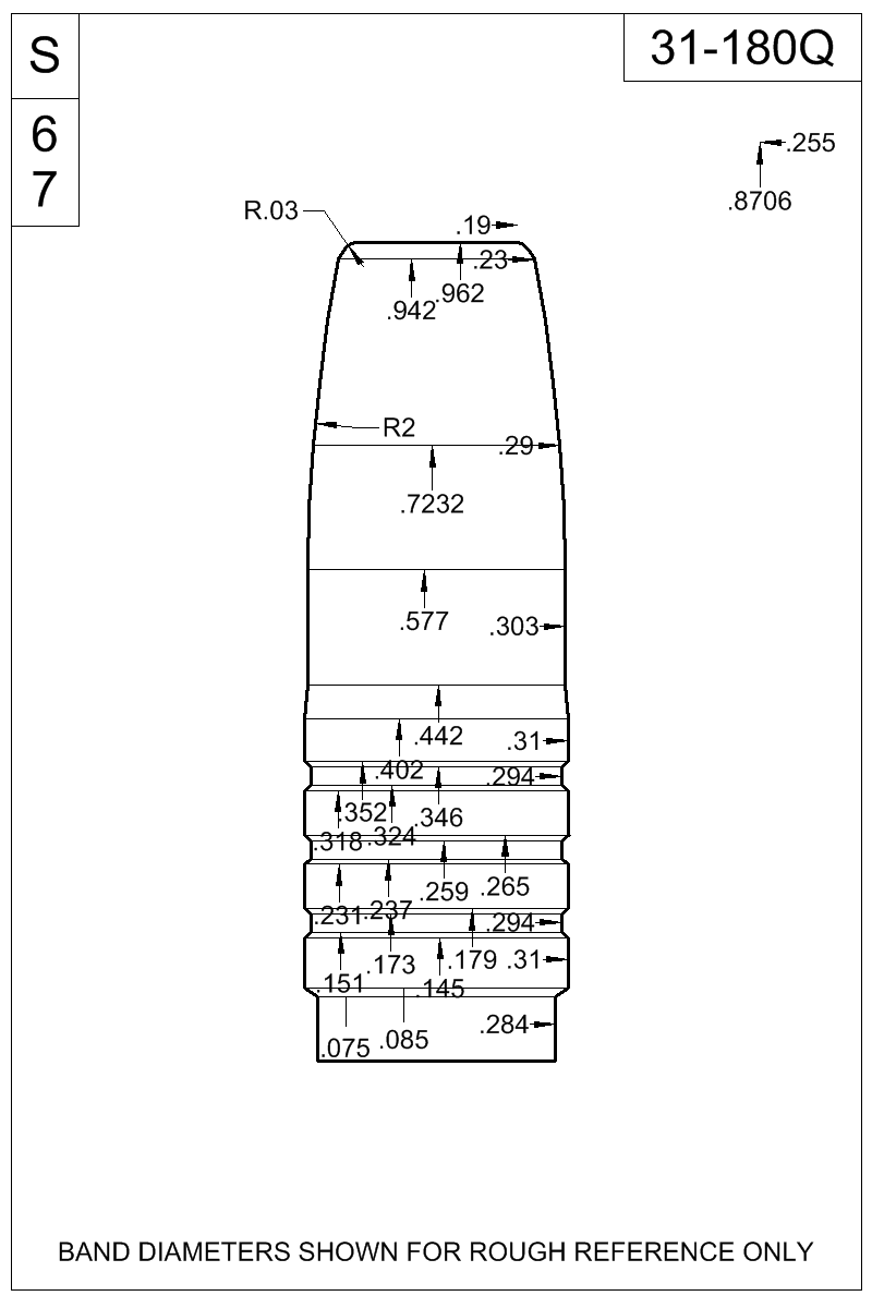 Dimensioned view of bullet 31-180Q